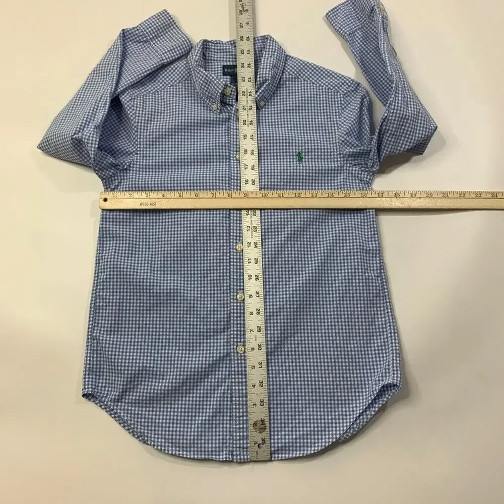 Ralph Lauren Shirt‎ Youth Boys M Medium Blue Jay White Gingham Plaid Button Down